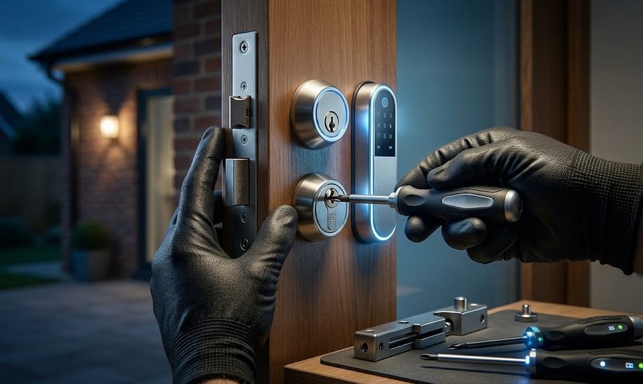 Especialista Cerrajero Aranguren instalando cerradura premium en puerta de chalet en Mutilva