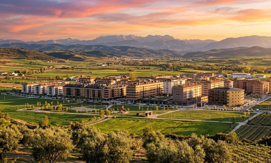 Vista paisajística del Valle de Aranguren y las áreas residenciales de Mutilva en Navarra